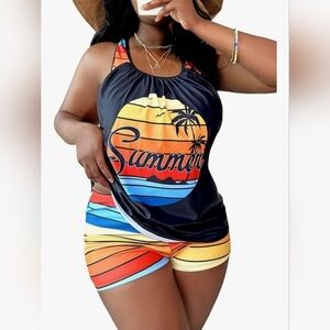 Vibrant Colorful Tankini Top Boy Short Bottom "Summer" Palm Tree Graphic🌴🌞 1XL